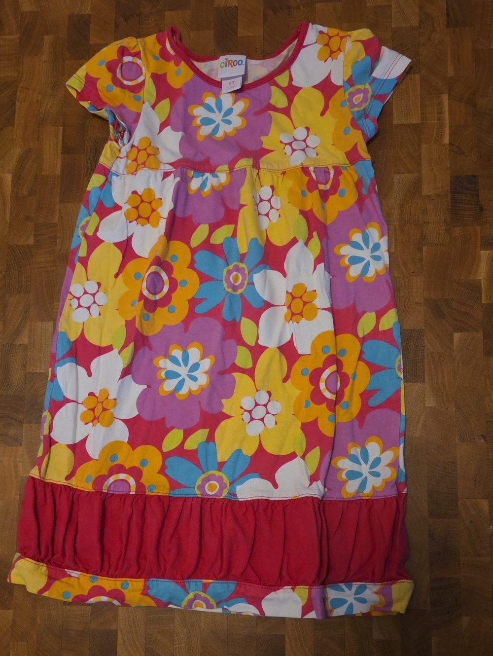 Circo Multicolor Floral Short Sleeve Cotton Dress with Red Hem
